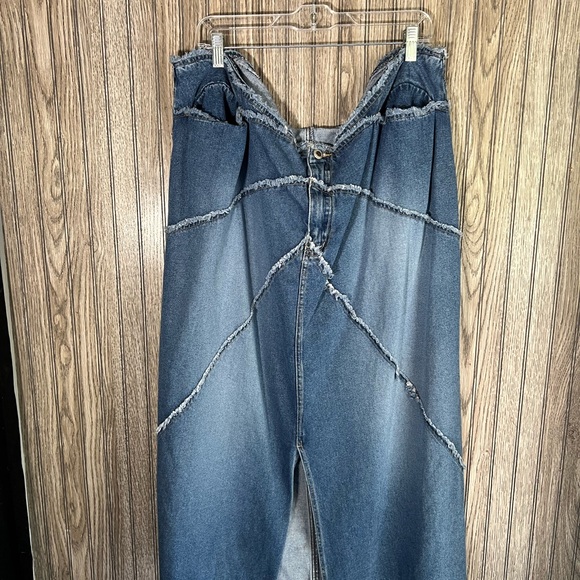 y2k Plus Size Blue Jean Denim Maxi Skirt Frayed Chevron Pattern Raw Hem Edge - Picture 1 of 4